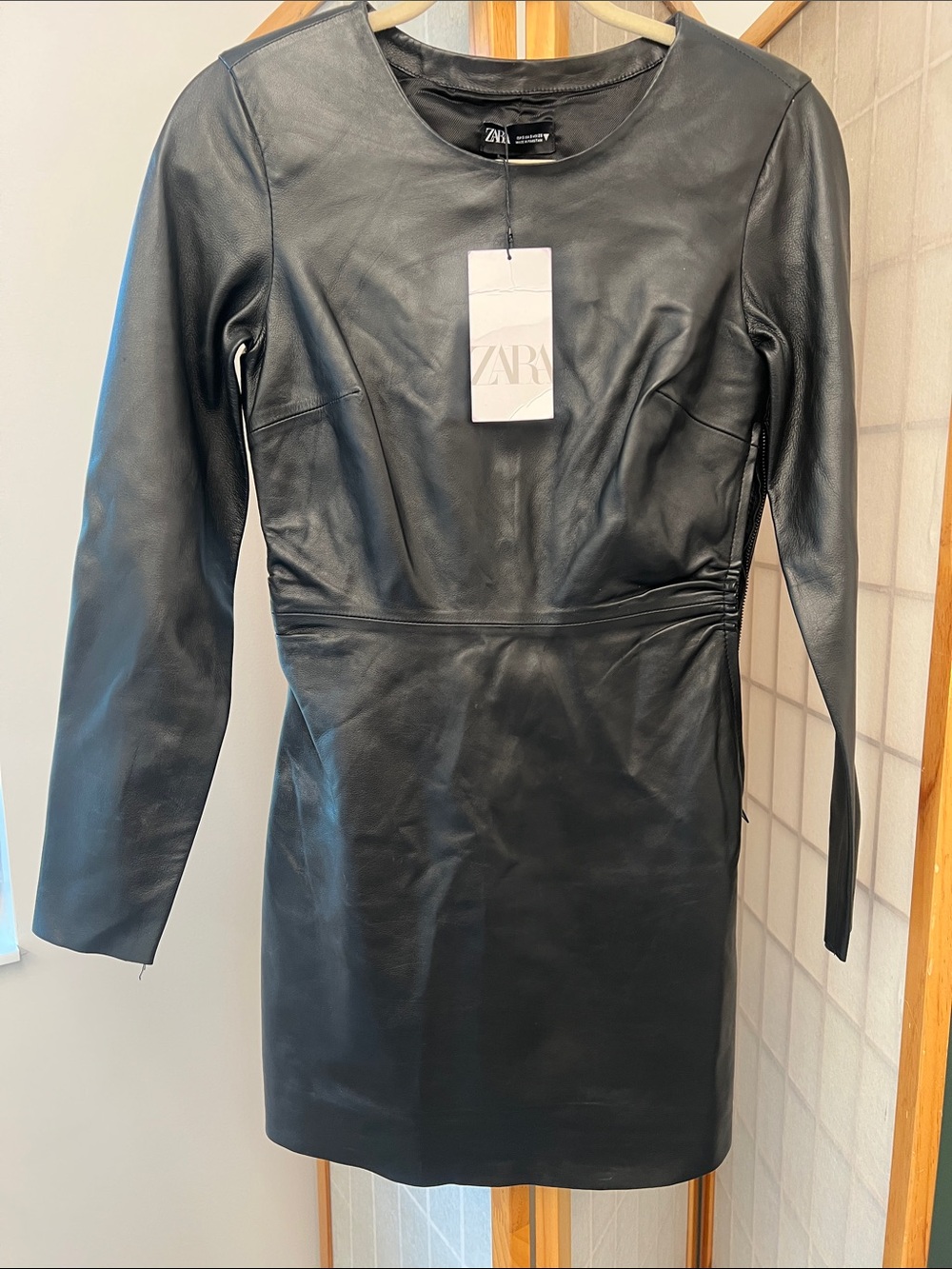 ZARA Black Faux Leather Long-Sleeve Mini Dress